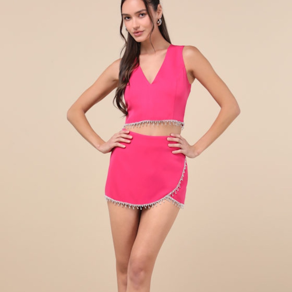 Lulus Aramina Fuchsia Rhinestone Two-piece Skort Romper Pink - Size S